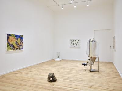 An installation view of a white-walled art gallery showing hung photographs and sculptures on the floor. On the left wall is a photo of rhubarb on a blue patterned textile. On the far wall, a photo of four leaf clovers on graph paper. The sculptural elements are reconfigured brewing equipment, including a fountain and a unitank. In the middle of the room sits a beer can placed within a polka dot agate.