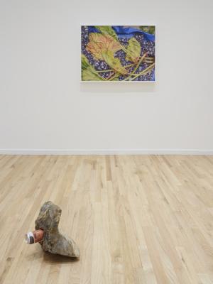 A sculpture of a beer can placed into a piece of polka dot agate sits on the floor in the foreground. Behind it, hung on a white wall is a framed photograph of rhubarb leaves on a blue and floral pattern textile and blue tarp.