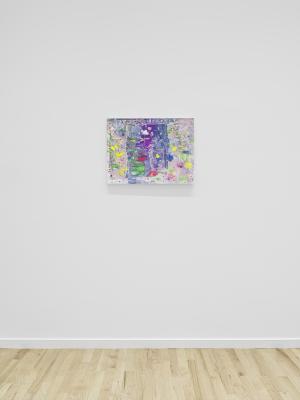 A small abstract painting hangs on a white wall. A large blue rectangular shape in the centre of the canvas is layered with fluorescent pink, yellow, green, and purple shapes.