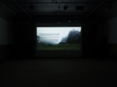 A still from a film projected in the Grand Luxe Hall that shows several lines of wavy text layered over an image of a foggy forest.