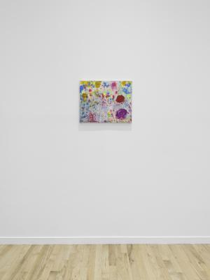 A small abstract painting hangs on a white wall. Fluorescent pink, yellow, blue, purple, and green splotches, drips, and gestures cover a washed blue surface.
