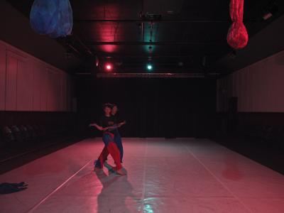 Alexa Mardon and Erika Mitsuhashi perform synced choreography, twisting in inverse directions to dance as one body. The Grand Luxe Hall is covered in a Marley dance floor, and basked in pink and blue light. Sumptuous red and blue tulle sleeves hang from the ceiling.
