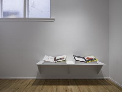 A white cube gallery with two mixed-media artist books lying open on plinths. 