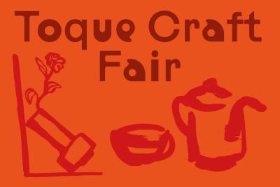 Toque Craft Fair is written in a burgundy font on an orange background. Red illustrations of a tipping flower vase, a cup, and teapot line the bottom of the image.