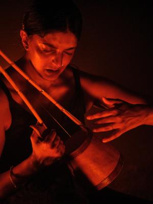 Bathed in orange light, Samita Sinha closes her eyes in deep concentration as she plays a one-stringed lute. 