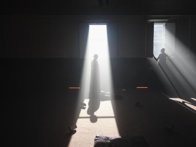 Artists Samita Sinha and Okwui Okpokwasili stand in the bright white light entering a dark room from two windows, each centred within their own window frame and only visible as shadows blocking the incoming light. Sinha stands beneath the middle window with her back towards it, arms tight to her side. Okpokwasili stands beneath the window to Sinhas left, opening the shutters with both hands and looking out into the light.