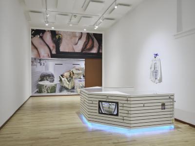 The shortest wall of a rectangular gallery space is covered in a wallpaper that has a monumental photo of a glamorous Chinese grandmother above a photograph of the inside of a refrigerator. The wallpaper wraps around a sliding door painted brown. A five sided kiosk made of white slatboard sits at the centre of the room. A screen is embedded into one of the surfaces, and icy blue light emanates from below the structure. A white dress shirt on a hanger is taped to the wall behind the kiosk. 
