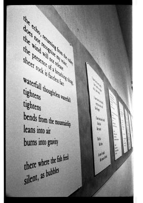 A row of posters printed with poems are hung on a wall with push pins. The first poster reads the echo, returning from the valley, does not recognize my voice, the wind will not release the presence of a breathing thing, sheer rock is faceless fact, waterfall thoughtless waterfall, tightens, tightens, bends from the mountainlip, leans into air, burns into gravity, there where the fish feed silent, as bubbles. 