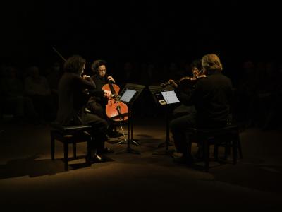 String quartet Quatuor Bozzini sit facing one another in the centre of the Grand Luxe Hall. They are dimly lit in an otherwise dark room as they play viola, cello and violins.