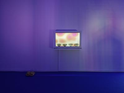 A display case containing four tea bows is mounted to a wall that is cast in blue and pink light. The bowls sit behind a translucent digital screen with abstract patterns. To the left of the display case, a pair of orange sandals sit on a blue carpet.
